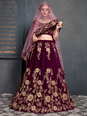 Rajwada Purple Velvet Embroidered Semi Stitched Lehenga With Blouse For Women