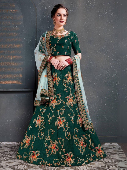 Rajwada Green Satin Silk Embroidered Semi Stitched Lehenga With Blouse For Women