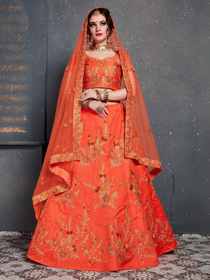Rajwada Orange Silk Blend Embroidered Semi Stitched Lehenga With Blouse For Women
