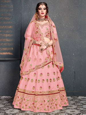 Rajwada Pink Silk Blend Embroidered Semi Stitched Lehenga With Blouse For Women