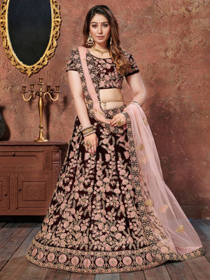 Rajwada Maroon Velvet Embroidered Semi Stitched Lehenga With Blouse For Women