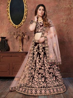 Rajwada Maroon Velvet Embroidered Semi Stitched Lehenga With Blouse For Women