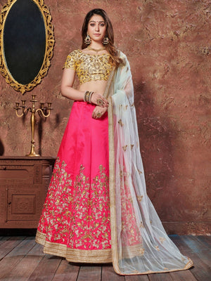 Rajwada Pink Silk Blend Embroidered Semi Stitched Lehenga With Blouse For Women
