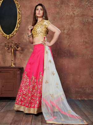 Rajwada Pink Silk Blend Embroidered Semi Stitched Lehenga With Blouse For Women