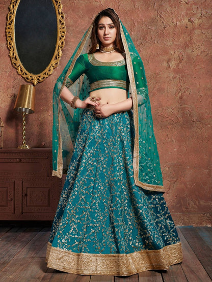 Rajwada Blue Art Silk Embroidered Semi Stitched Lehenga With Blouse For Women
