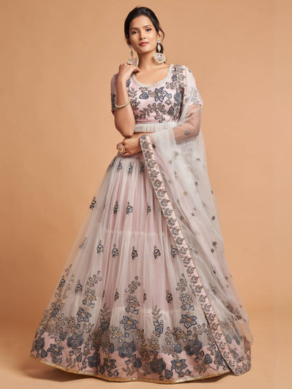 Rajwada Grey And Peach Soft Net Embroidered Semi Stitched Lehenga With Blouse For Women