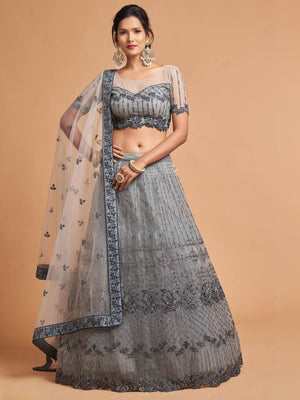 Rajwada Grey Soft Net Embroidered Semi Stitched Lehenga With Blouse For Women