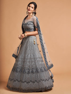 Rajwada Grey Soft Net Embroidered Semi Stitched Lehenga With Blouse For Women