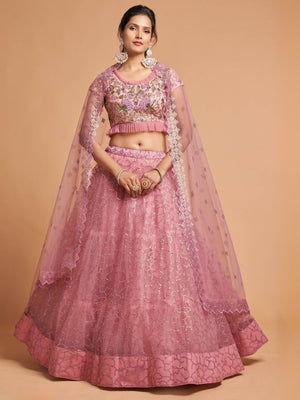 Rajwada Pink Soft Net Embroidered Semi Stitched Lehenga With Blouse For Women