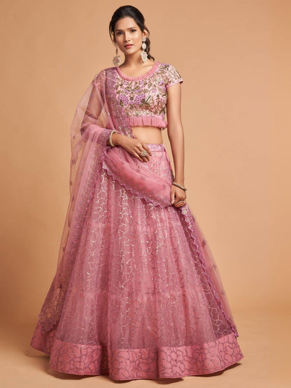 Rajwada Pink Soft Net Embroidered Semi Stitched Lehenga With Blouse For Women