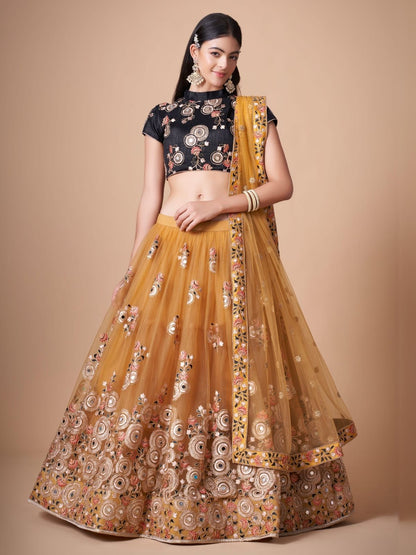 Rajwada Yellow Soft Net Embroidered Semi Stitched Lehenga With Blouse For Women