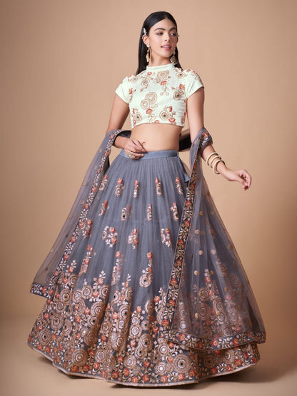Rajwada Grey Soft Net Embroidered Semi Stitched Lehenga With Blouse For Women