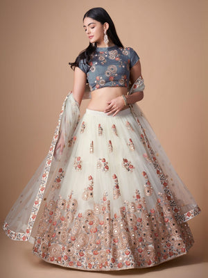 Rajwada Off White Soft Net Embroidered Semi Stitched Lehenga With Blouse For Women