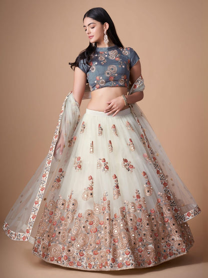Rajwada Off White Soft Net Embroidered Semi Stitched Lehenga With Blouse For Women