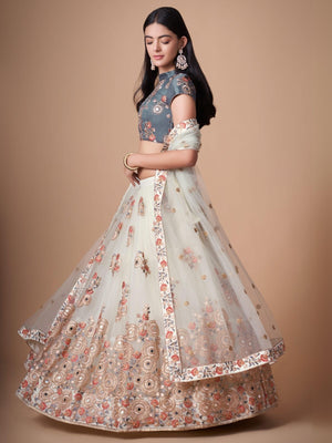 Rajwada Off White Soft Net Embroidered Semi Stitched Lehenga With Blouse For Women