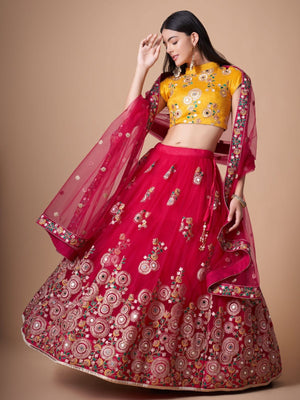 Rajwada Pink Soft Net Embroidered Semi Stitched Lehenga With Blouse For Women