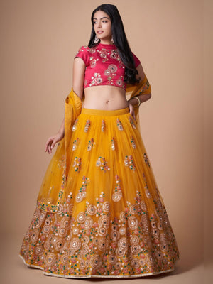 Rajwada Yellow Soft Net Embroidered Semi Stitched Lehenga With Blouse For Women