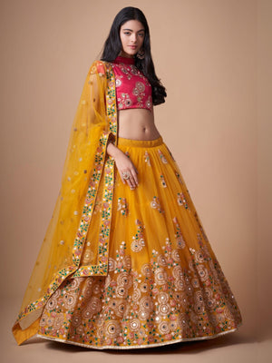 Rajwada Yellow Soft Net Embroidered Semi Stitched Lehenga With Blouse For Women