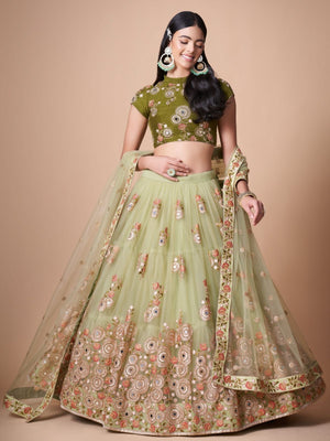 Rajwada Green Soft Net Embroidered Semi Stitched Lehenga With Blouse For Women