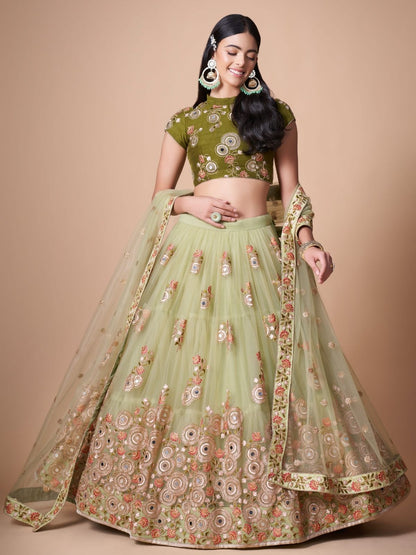 Rajwada Green Soft Net Embroidered Semi Stitched Lehenga With Blouse For Women
