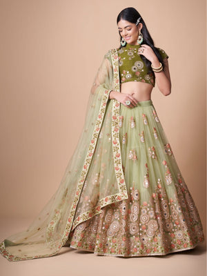 Rajwada Green Soft Net Embroidered Semi Stitched Lehenga With Blouse For Women