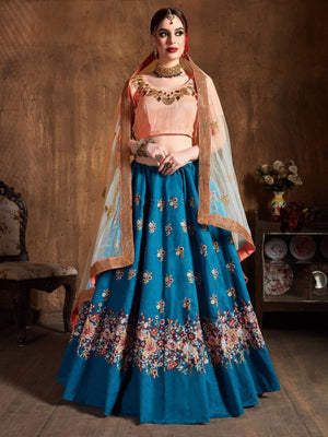 Rajwada Teal Silk Blend Embroidered Semi Stitched Lehenga With Blouse For Women