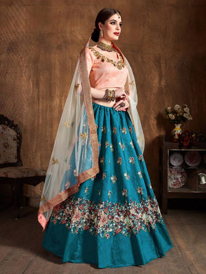 Rajwada Teal Silk Blend Embroidered Semi Stitched Lehenga With Blouse For Women