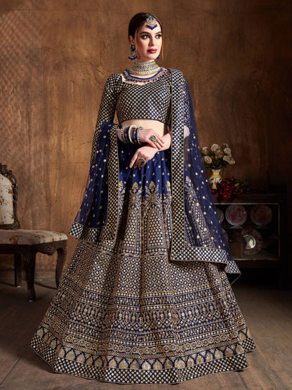 Rajwada Navy Blue And Gold Silk Blend Embroidered Semi Stitched Lehenga With Blouse For Women