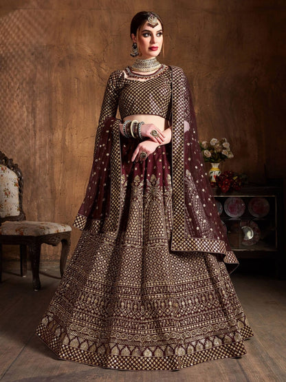 Rajwada Maroon And Gold Silk Blend Embroidered Semi Stitched Lehenga With Blouse For Women