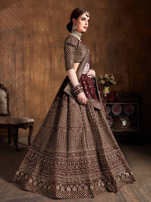 Rajwada Maroon And Gold Silk Blend Embroidered Semi Stitched Lehenga With Blouse For Women