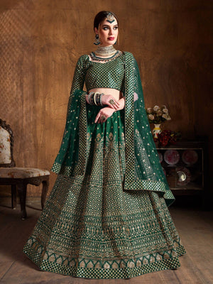 Rajwada Green And Gold Silk Blend Embroidered Semi Stitched Lehenga With Blouse For Women