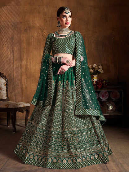 Rajwada Green And Gold Silk Blend Embroidered Semi Stitched Lehenga With Blouse For Women