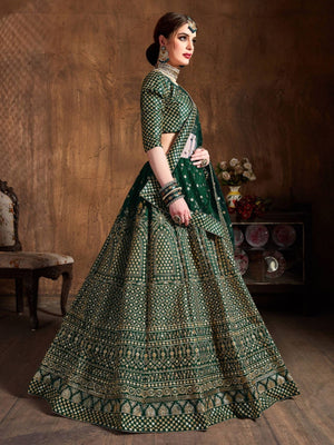 Rajwada Green And Gold Silk Blend Embroidered Semi Stitched Lehenga With Blouse For Women