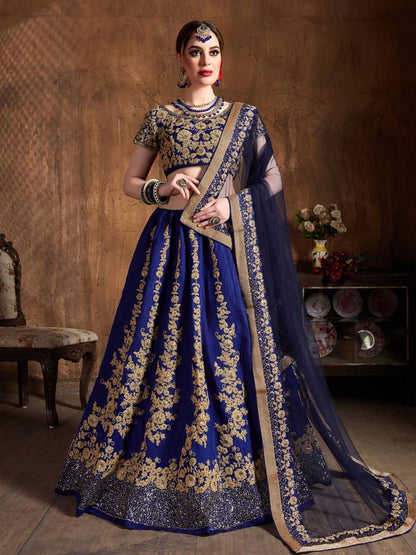 Rajwada Navy Blue And Gold Silk Blend Embroidered Semi Stitched Lehenga With Blouse For Women