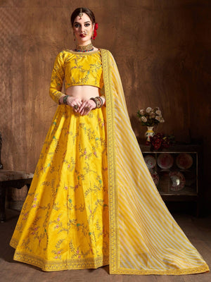 Rajwada Yellow Silk Blend Embroidered Semi Stitched Lehenga With Blouse For Women
