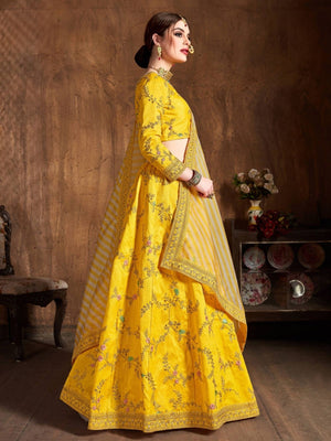 Rajwada Yellow Silk Blend Embroidered Semi Stitched Lehenga With Blouse For Women