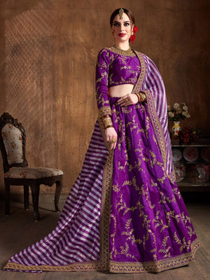 Rajwada Purple Silk Blend Embroidered Semi Stitched Lehenga With Blouse For Women