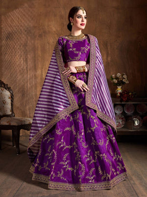 Rajwada Purple Silk Blend Embroidered Semi Stitched Lehenga With Blouse For Women