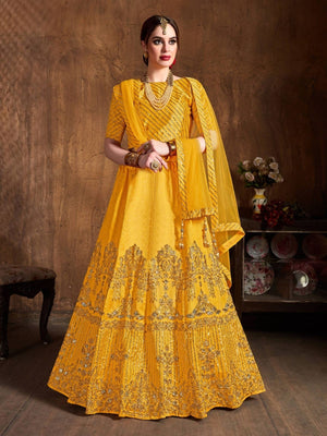 Rajwada Yellow Art Silk Embroidered Semi Stitched Lehenga With Blouse For Women