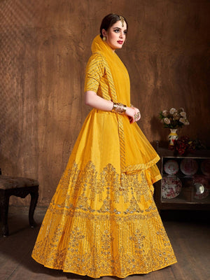 Rajwada Yellow Art Silk Embroidered Semi Stitched Lehenga With Blouse For Women