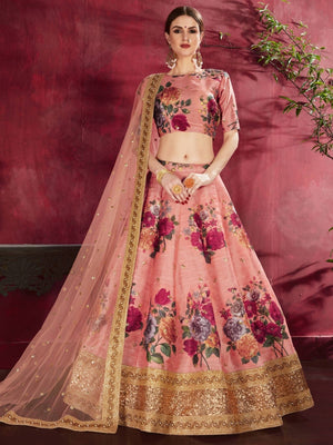 Rajwada Peach Silk Blend Printed Semi Stitched Lehenga With Blouse For Women