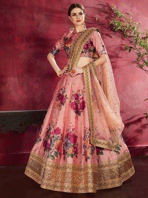 Rajwada Peach Silk Blend Printed Semi Stitched Lehenga With Blouse For Women