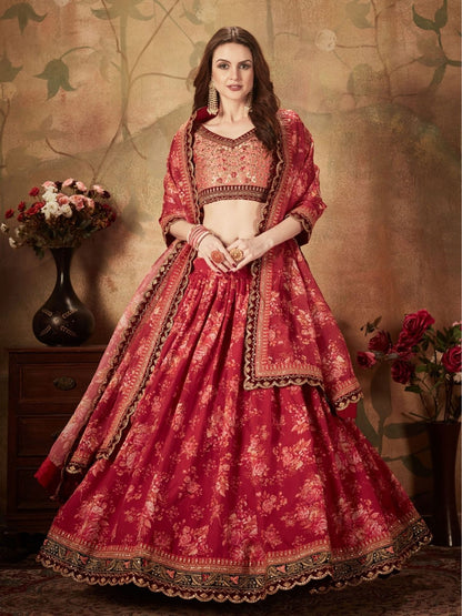 Rajwada Maroon Organza Printed Semi Stitched Lehenga With Unstitched Blouse For Women
