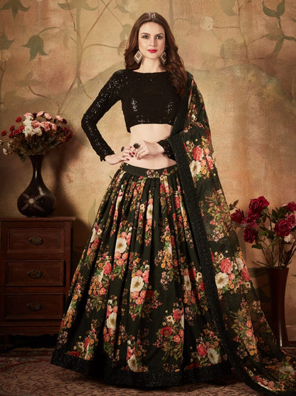 Rajwada Black Organza Printed Semi Stitched Lehenga With Unstitched Blouse For Women