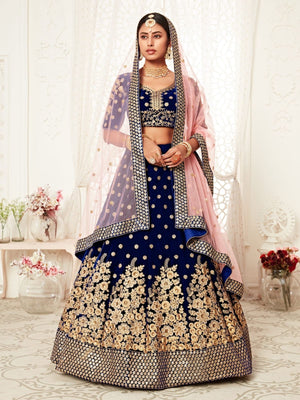 Rajwada Blue Velvet Embroidered Semi Stitched Lehenga With Unstitched Blouse For Women
