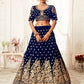 Rajwada Blue Velvet Embroidered Semi Stitched Lehenga With Unstitched Blouse For Women