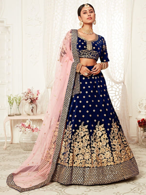 Rajwada Blue Velvet Embroidered Semi Stitched Lehenga With Unstitched Blouse For Women