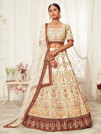 Rajwada Off White Art Silk Embroidered Semi Stitched Lehenga With Unstitched Blouse For Women