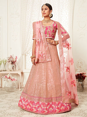 Rajwada Light Pink Soft Net  Embroidered Semi Stitched Lehenga With Unstitched Blouse For Women