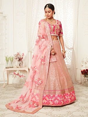 Rajwada Light Pink Soft Net  Embroidered Semi Stitched Lehenga With Unstitched Blouse For Women